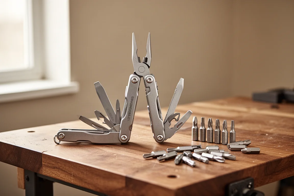 Open multi-tool with pliers extended on a workshop bench