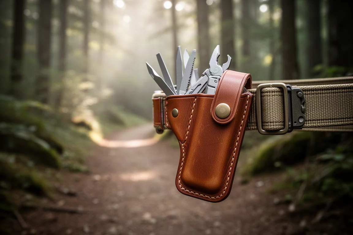 Multi-tool in a leather belt sheath on a hiking trail