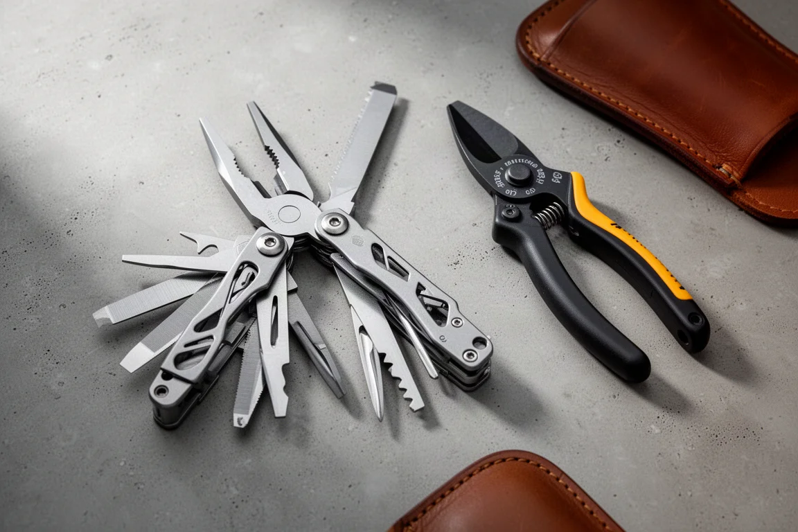 Multi-tool and electrician's shear laid out on a concrete surface