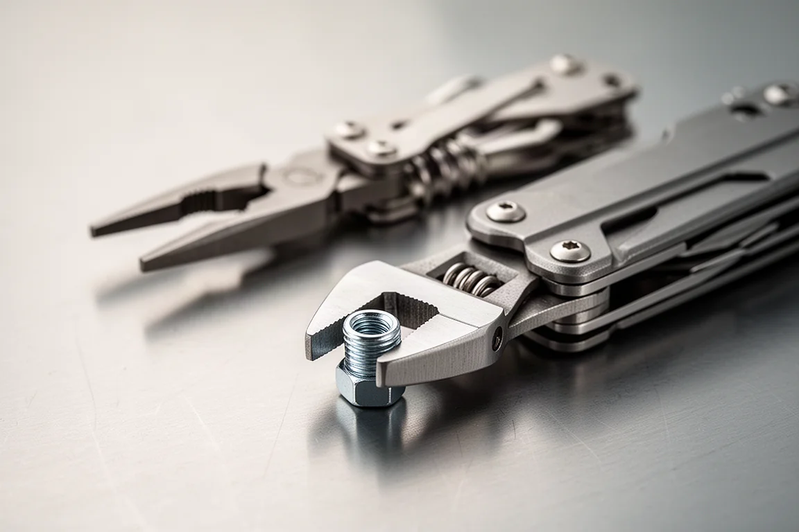 Compact multi-tool with adjustable wrench jaw gripping a bolt