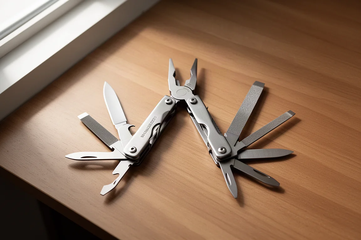 Open multi-tool laid flat with pliers, blade, and file implements extended