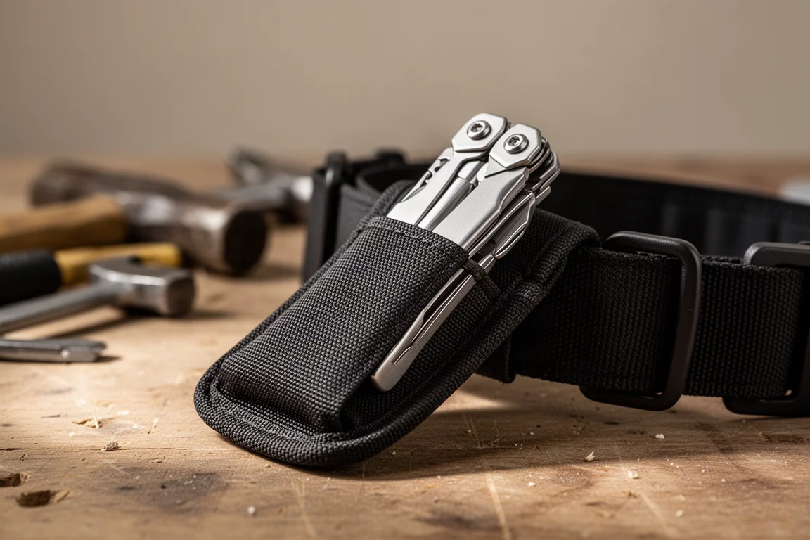 Hand closing a folding multi-tool inside a belt holster on a workbench