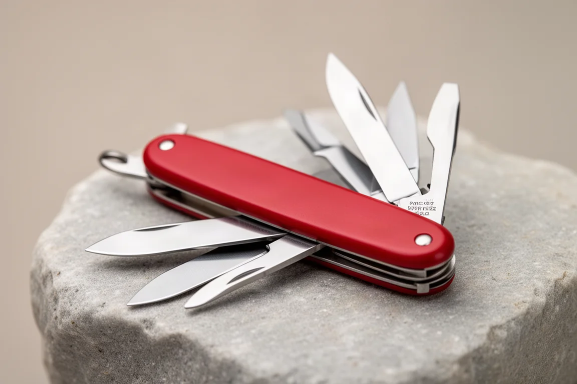 Slim red Swiss-style pocket knife with tools extended on a stone surface