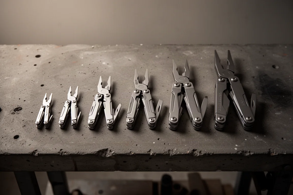 Workbench scene with several folding multi-tools sorted by size