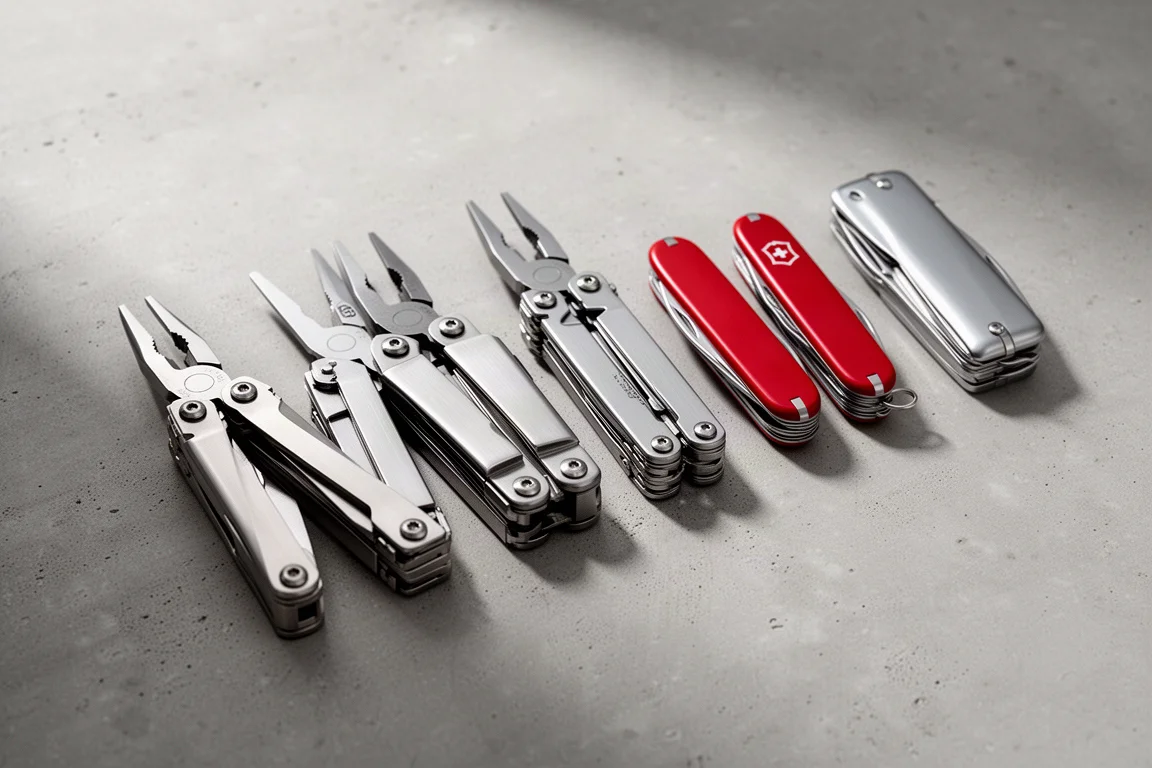 Collection of stainless steel multi-tools and pocket knives arranged on concrete