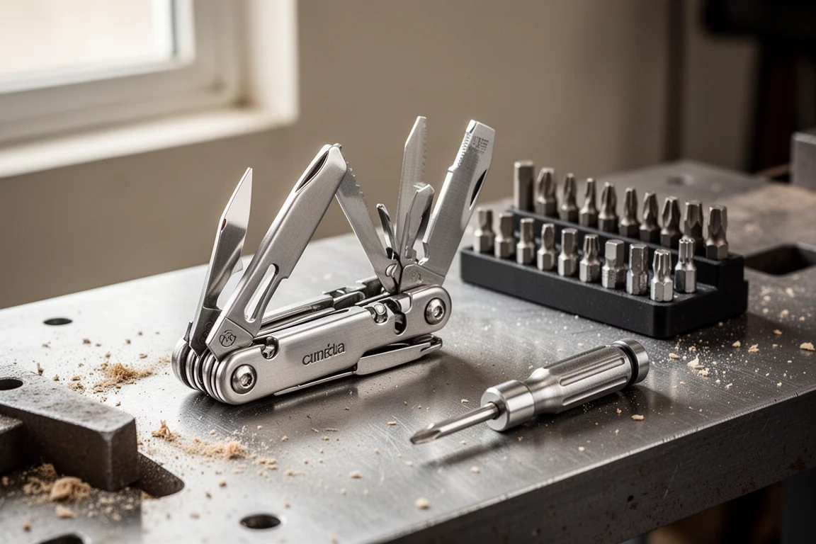 Werkbank mit gefaltetem Multitool, lose Bits-Sets und kleinen Handwerkzeugen im Fensterlicht
