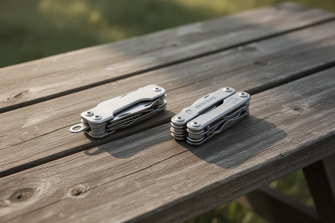 Zwei kompakte Multitools nebeneinander auf einem Picknicktisch im Freien