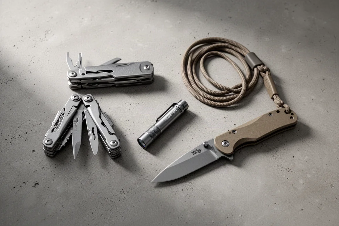 Flat-Lay von Everyday-Carry-Ausrüstung auf Beton, darunter Multitool, Stift und Taschenlampe