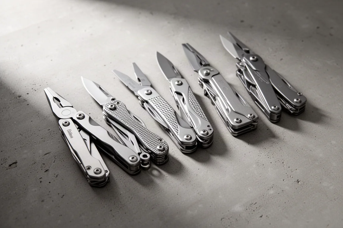 Fila di multi-tool in acciaio inox piegati su una superficie di calcestruzzo