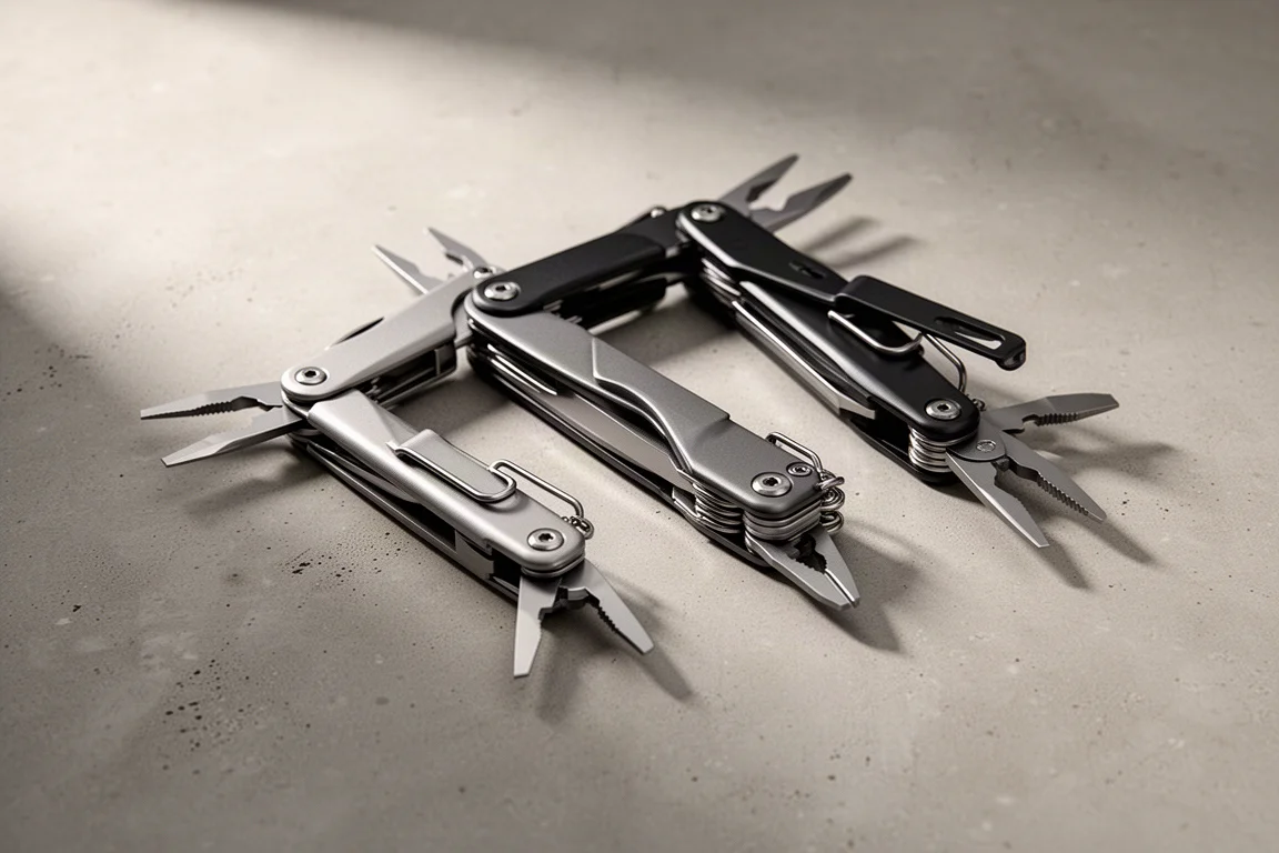 Drei Klappmultitools in Z-förmiger Anordnung auf einer Betonoberfläche
