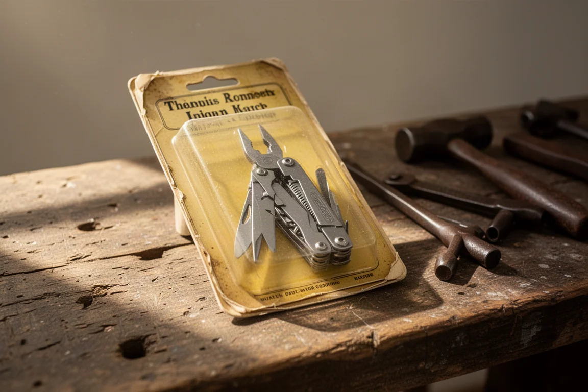 Vintage multi-tool package with yellowed plastic clamshell on a wooden workbench
