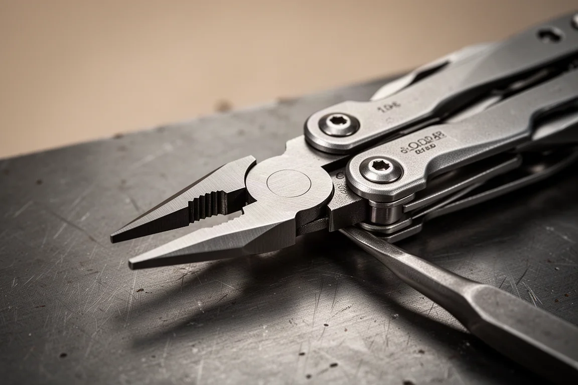 Close-up of a needlenose plier head with crisp machined cutters on a workbench