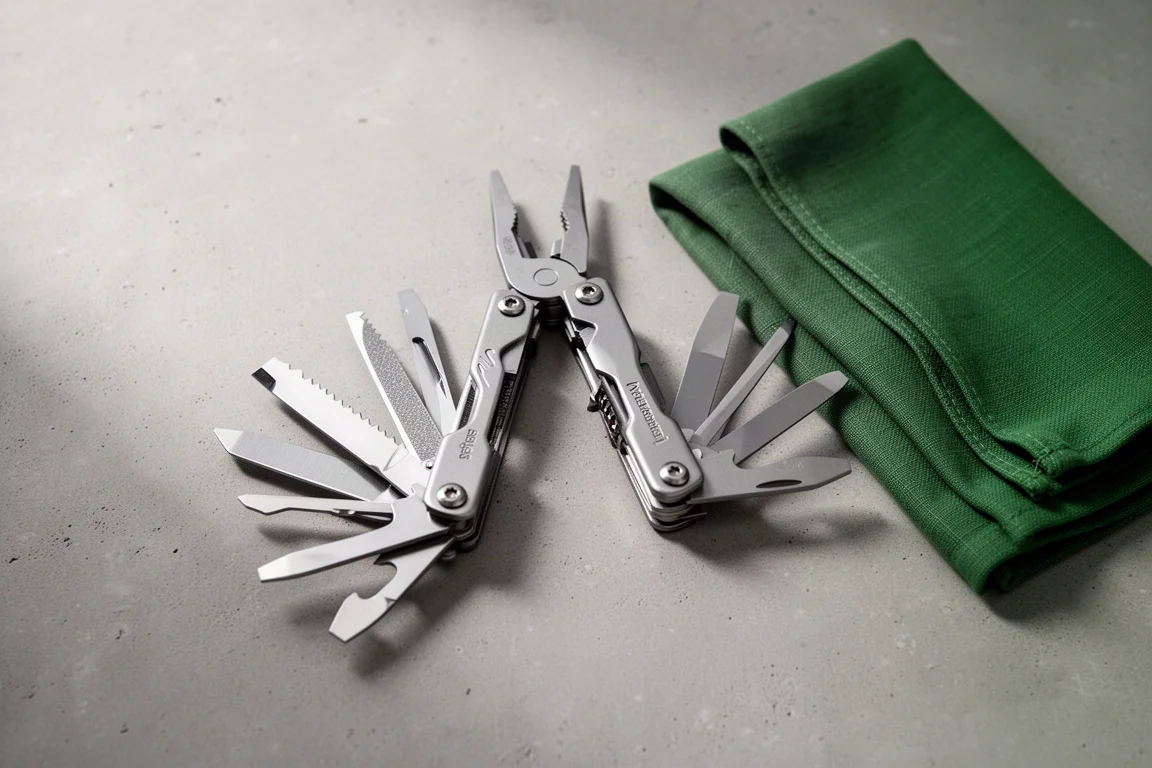 Multi-tool laid open with its internal implements fanned out on a concrete surface