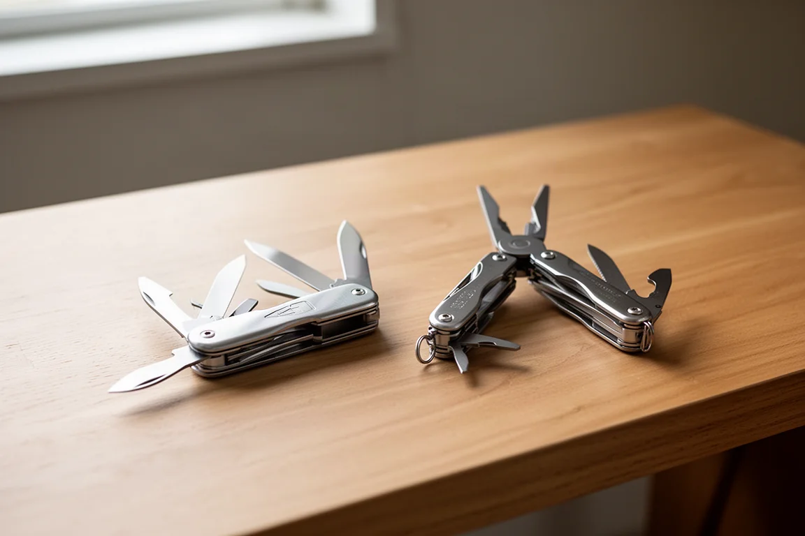 Compact pocket knife and plier multi-tool side by side on a desk