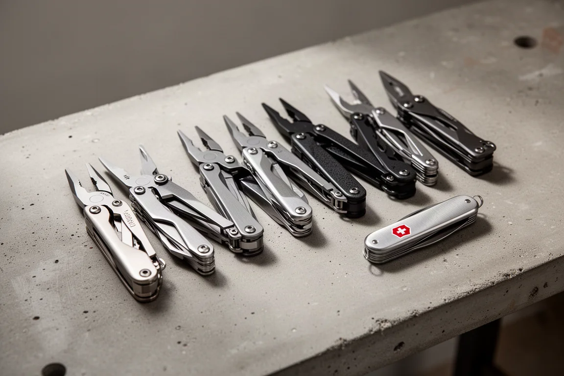 Collection of folding multi-tools and a compact pocket knife arranged on a concrete workbench