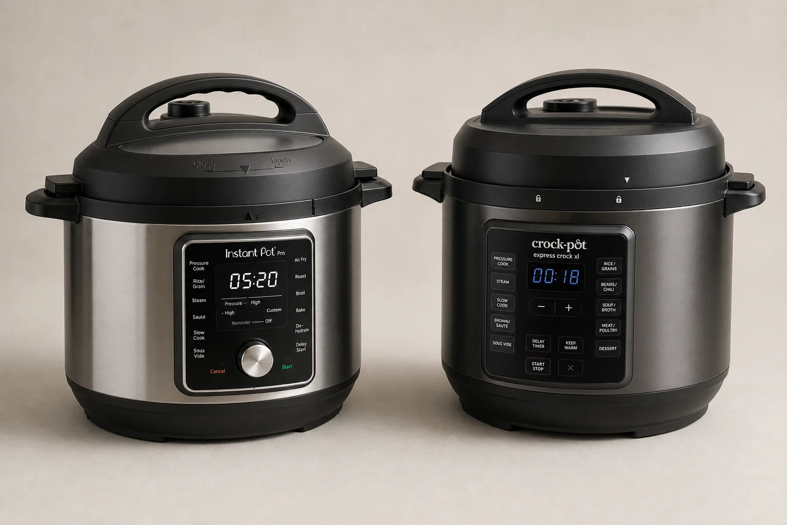 Instant Pot Pro 8-quart and Crock-Pot Express Crock XL multicookers side by side