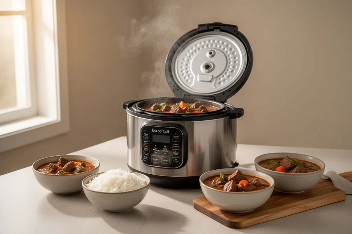 Multicooker on a kitchen counter with steam rising from a freshly cooked meal