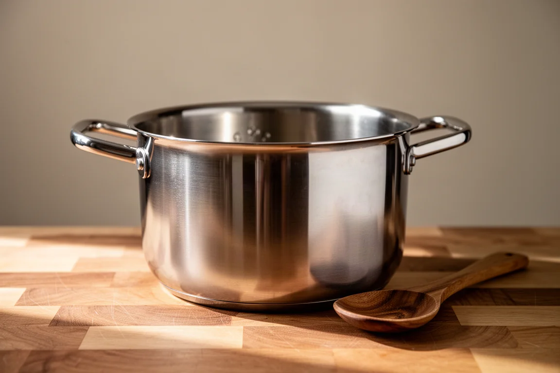 Close-up of a stainless steel inner pot with wide side handles on a counter