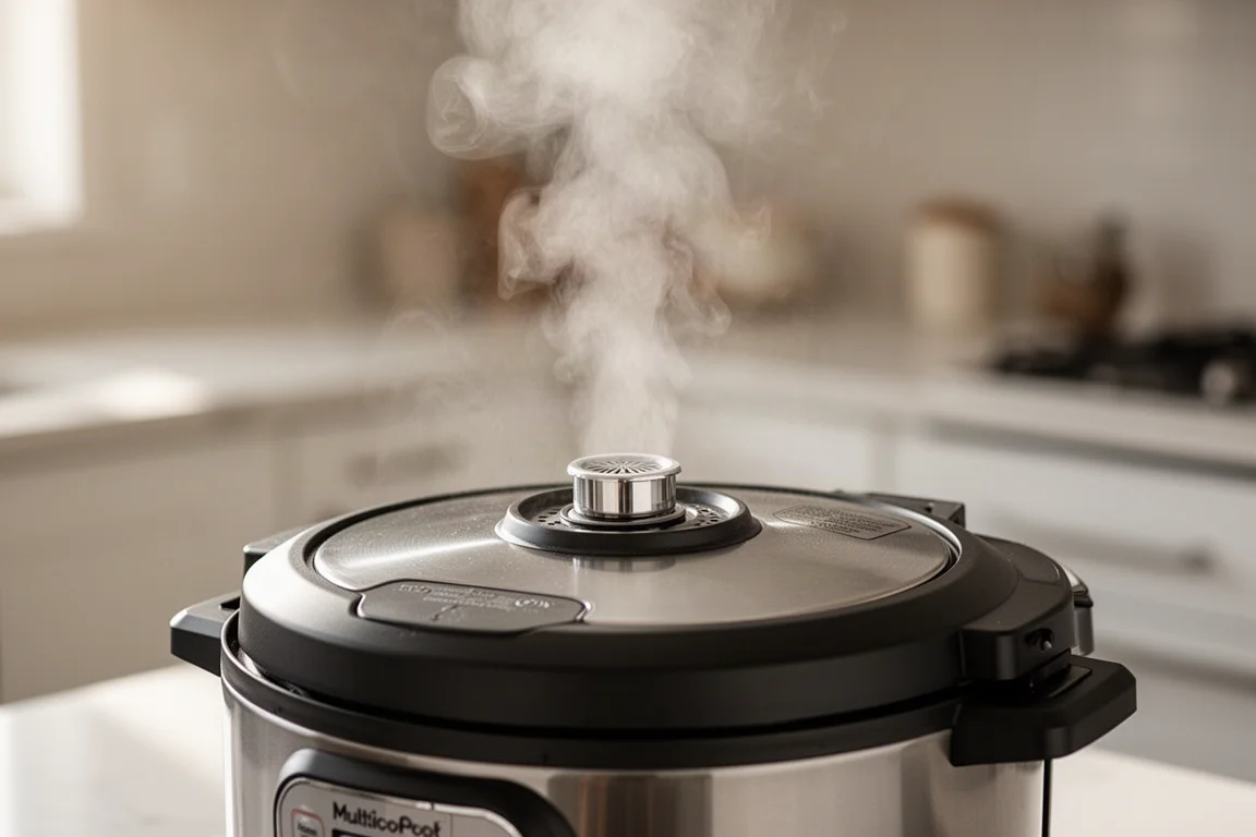 Hand-free steam release valve scene on a multicooker lid with steam venting