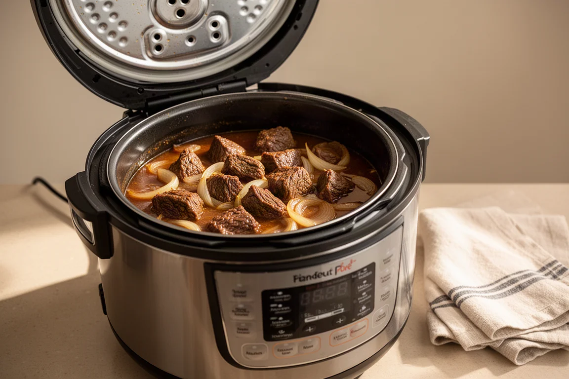 Beef stew simmering in a slow cooker on a warm home kitchen counter