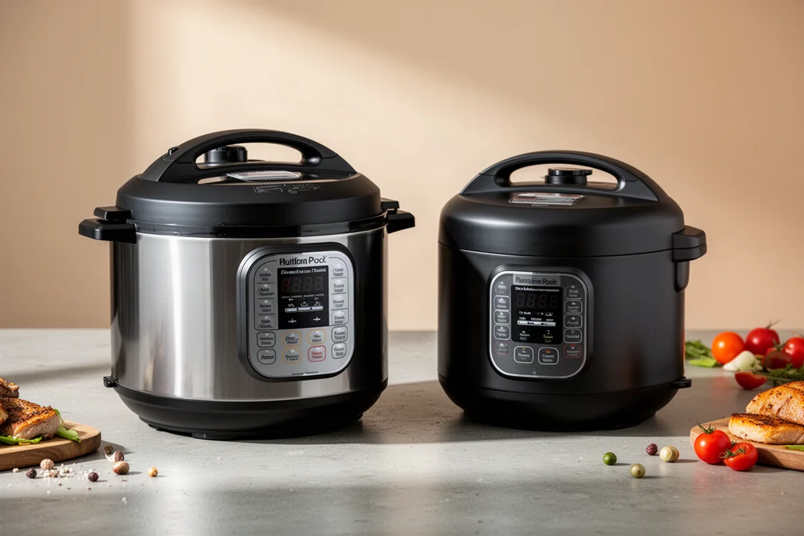 Two multicookers side by side on a matte kitchen counter