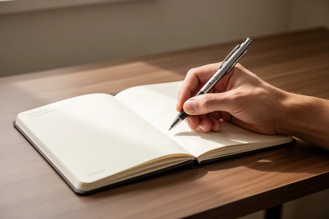 Hand schrijft in een agenda met een slanke multifunctionele pen op een houten bureau