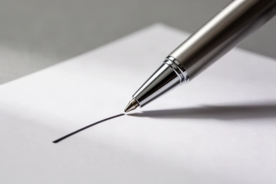 Close-up van een balpenpunt op glad wit papier met een voltooide streep