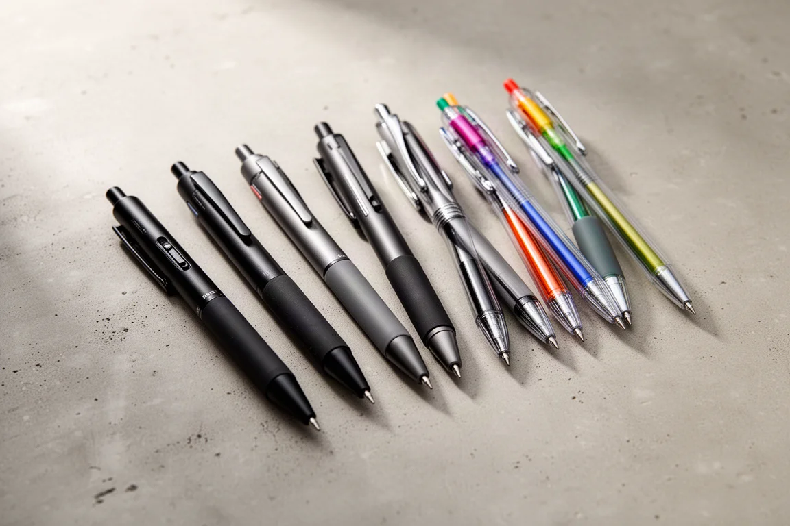 Seven multifunction pens arranged in a row on a matte concrete surface