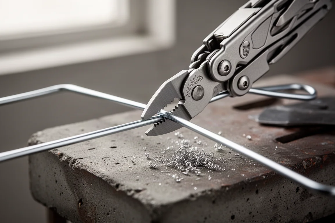 Close-up of multitool cutter jaws closing on a coat hanger wire