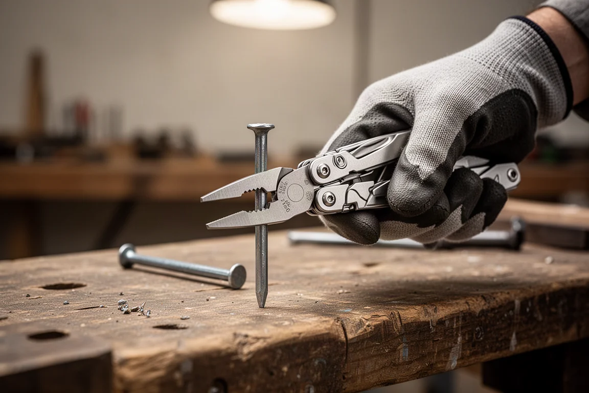 Multitool cutting through a large common nail on a workbench