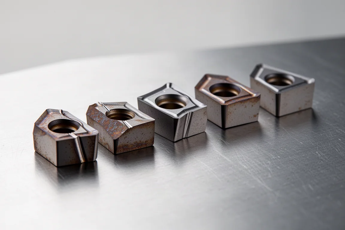 Set of hand-ground high-hardness replacement cutter inserts laid on steel surface