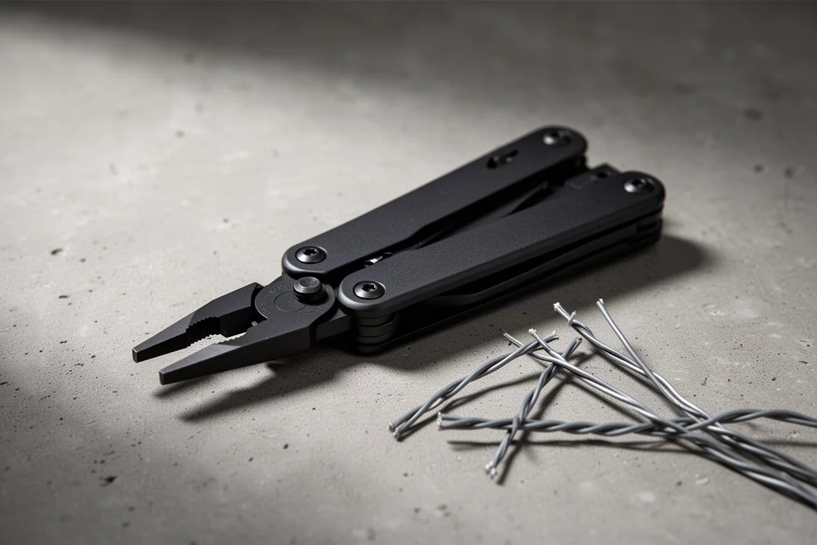 Black multitool with sliding plier head resting on concrete with cut wire segments