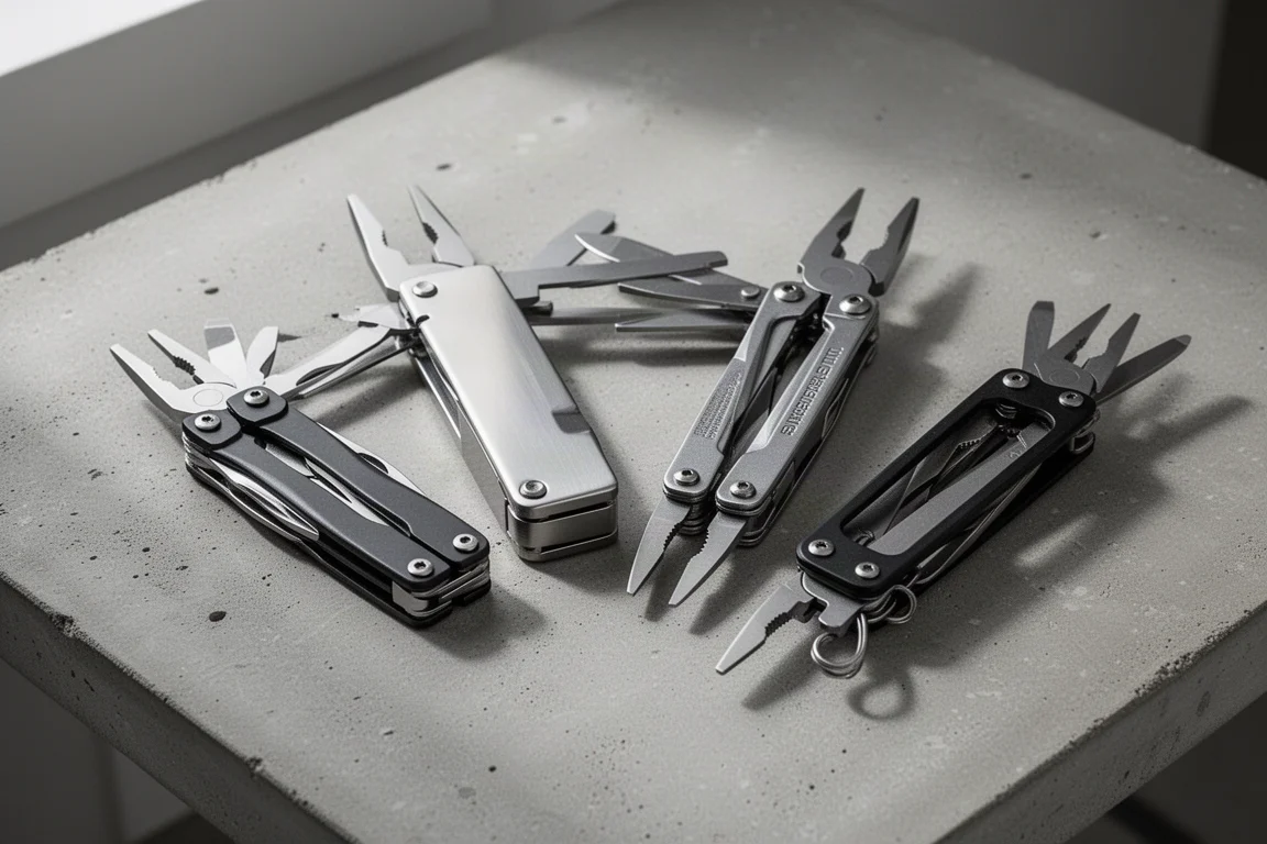 Quattro multitool con le pinze aperte disposti su una bancale di cemento