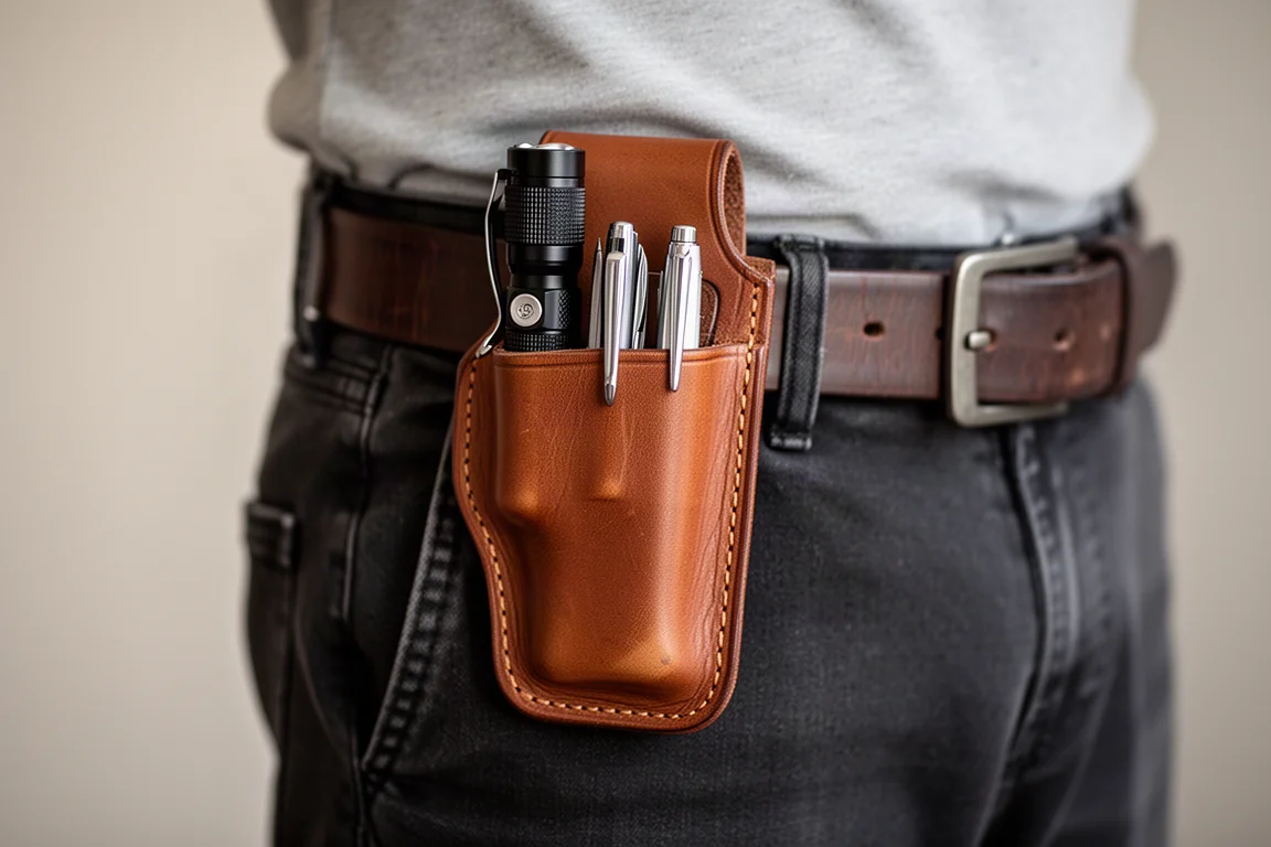 Multitool sheath worn on a leather belt at the hip in natural outdoor light