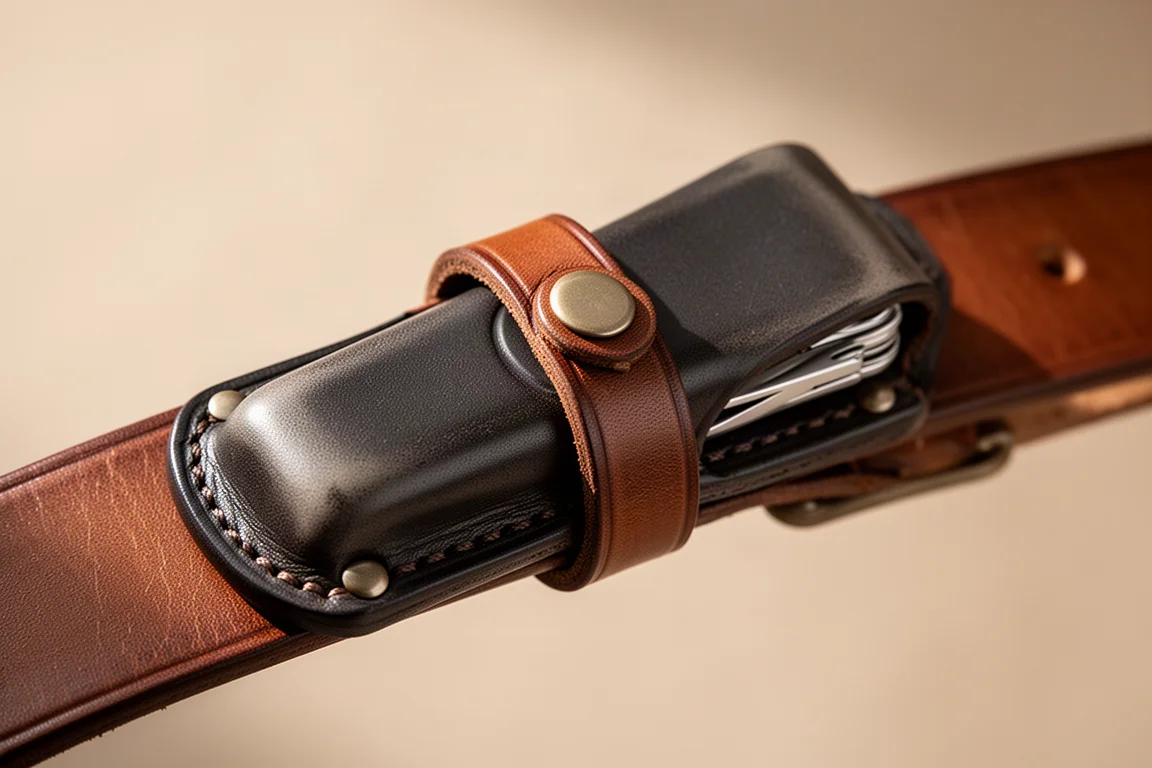 Close-up of a leather sheath strapped to a belt showing the threading attachment
