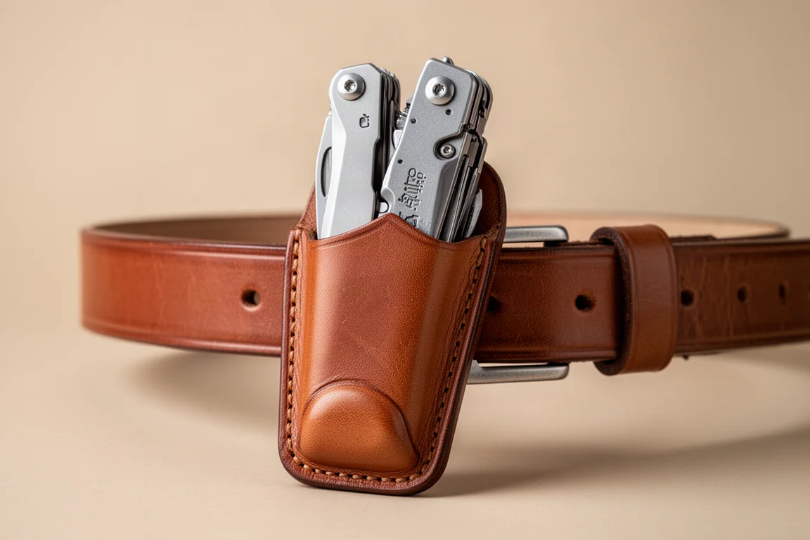 Leather sheath with a multitool partially drawn showing the push-up access