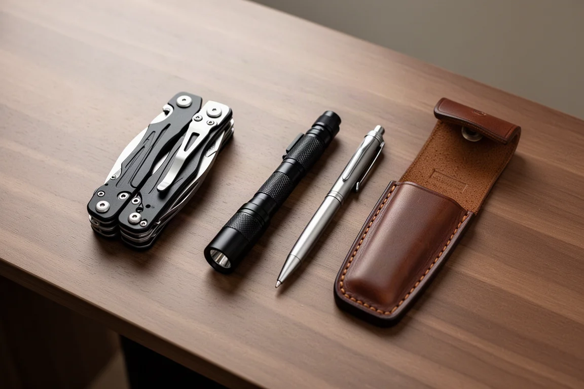 Flat lay of everyday carry items on a wooden desk surface
