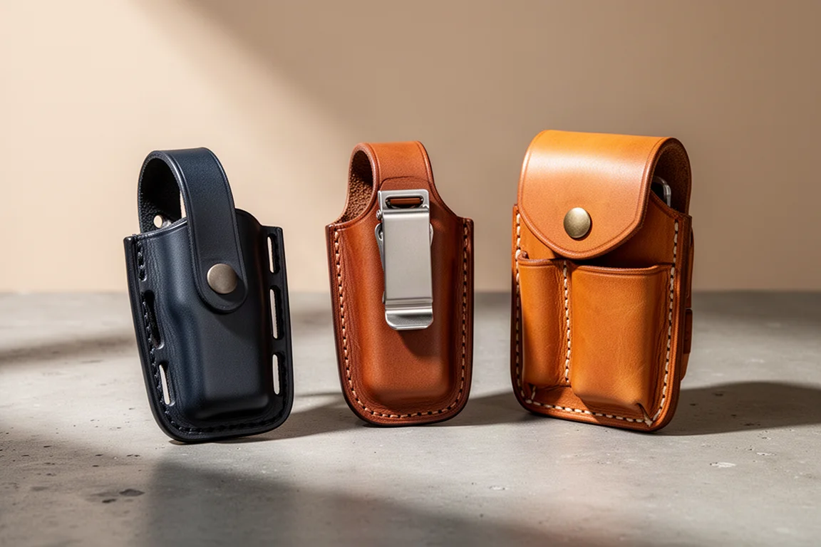 Three leather multitool sheaths of varying designs arranged on a concrete surface