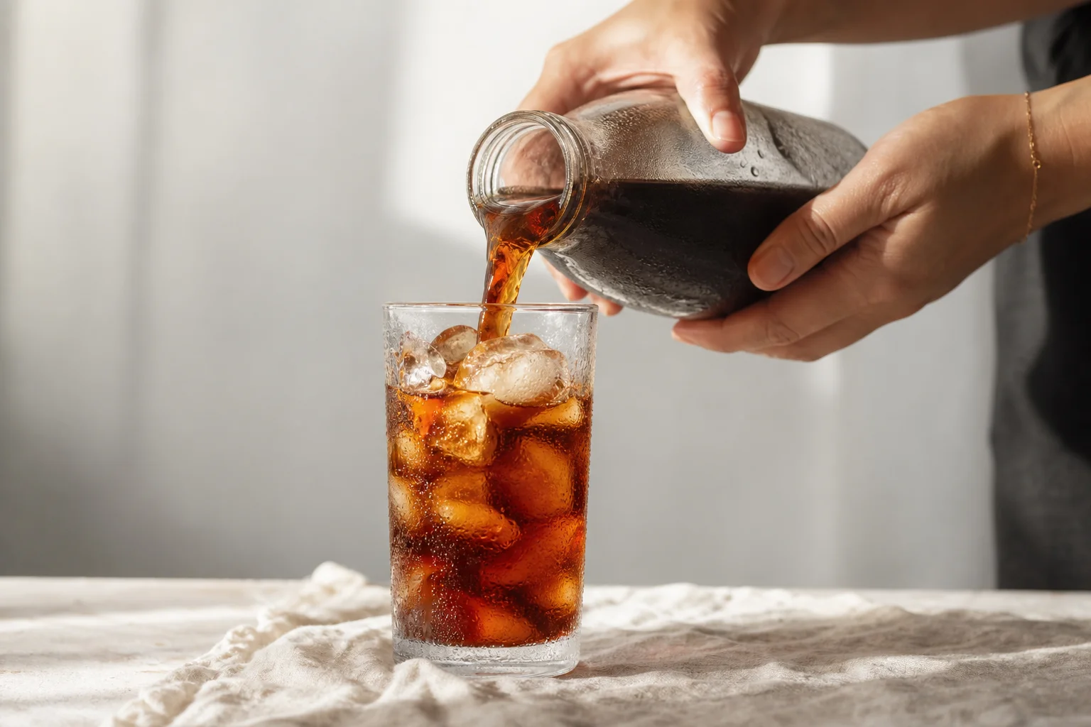 Hands pouring dark cold brew coffee into a glass with ice