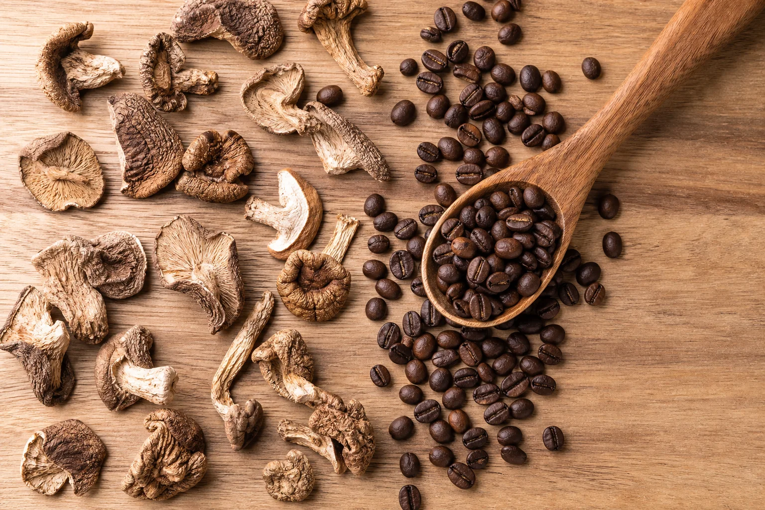 Overhead flat-lay of mushroom coffee ingredients on wood