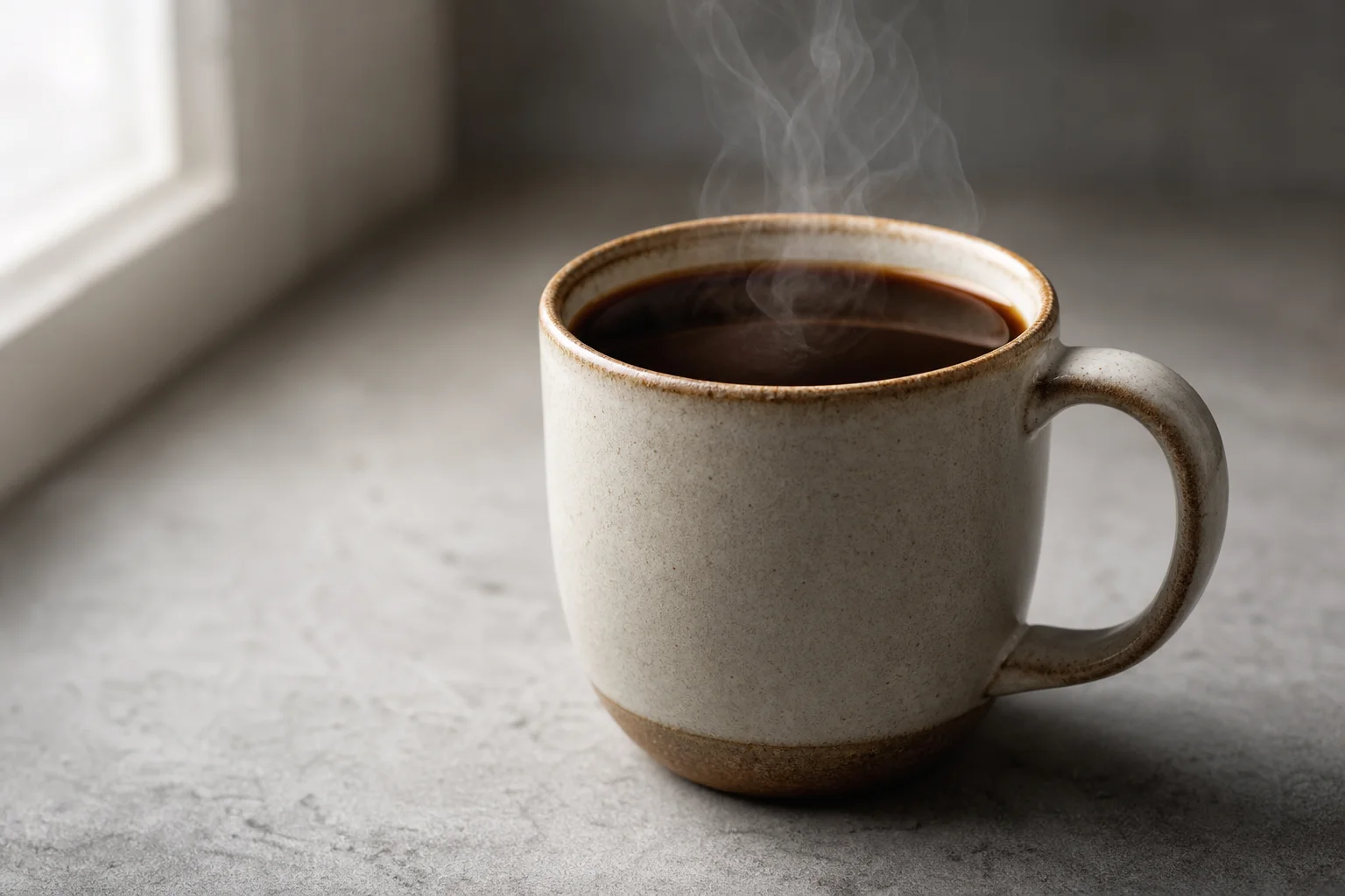 Steaming mug of dark roast coffee with rich brown color
