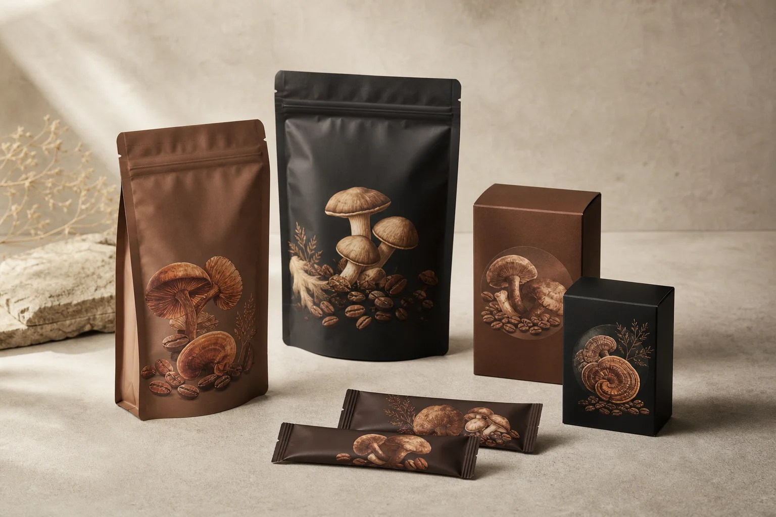 Five mushroom coffee products arranged on concrete surface