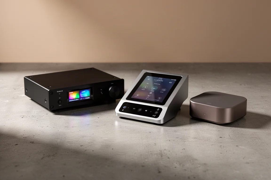 Three compact network music streamers arranged on a matte concrete surface in soft studio light