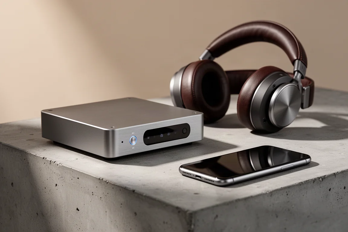 Network music streamer, over-ear headphones, and a face-down smartphone on concrete