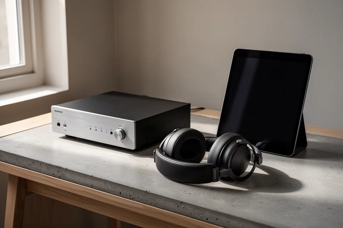 Hi-fi desk with a network streamer, over-ear headphones and a tablet