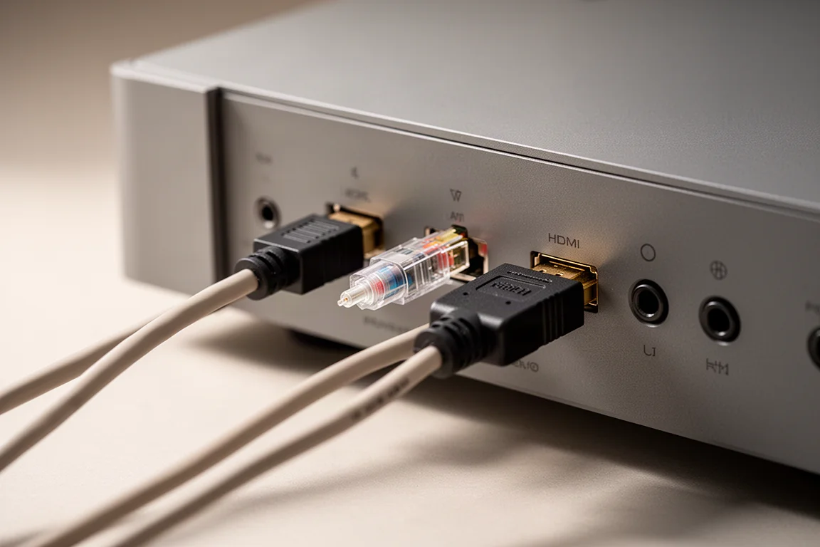 特寫鏡頭顯示光纖線與 HDMI 線插入影音組件背板的情形