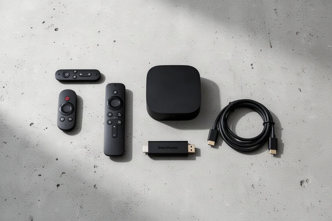 俯拍平放於混凝土上的串流遙控器、媒體盒、轉接器與捲起的 HDMI 線