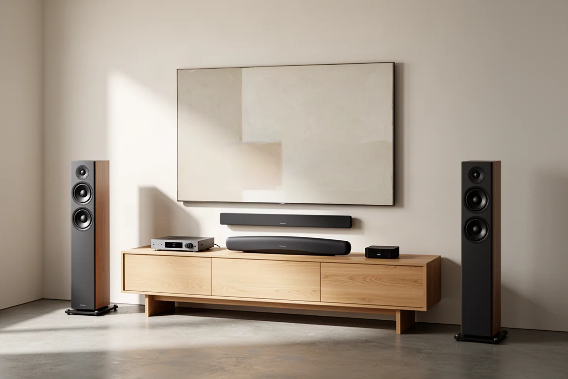 Wall-mounted screen above a hi-fi rack with amplifier, streaming box and soundbar in a minimal room