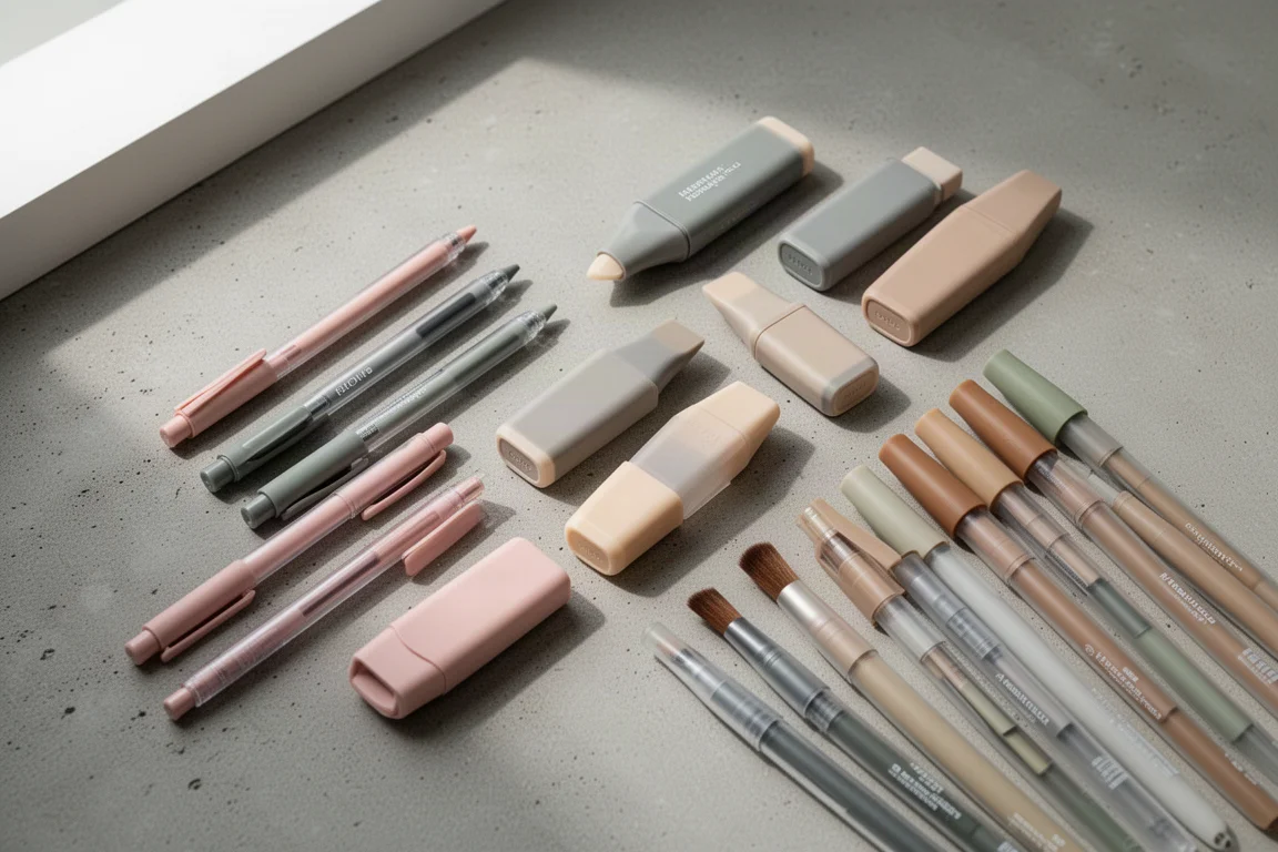 Composizione flat-lay di penne gel, evidenziatori e pennarelli brush dai toni tenui su una superficie in cemento