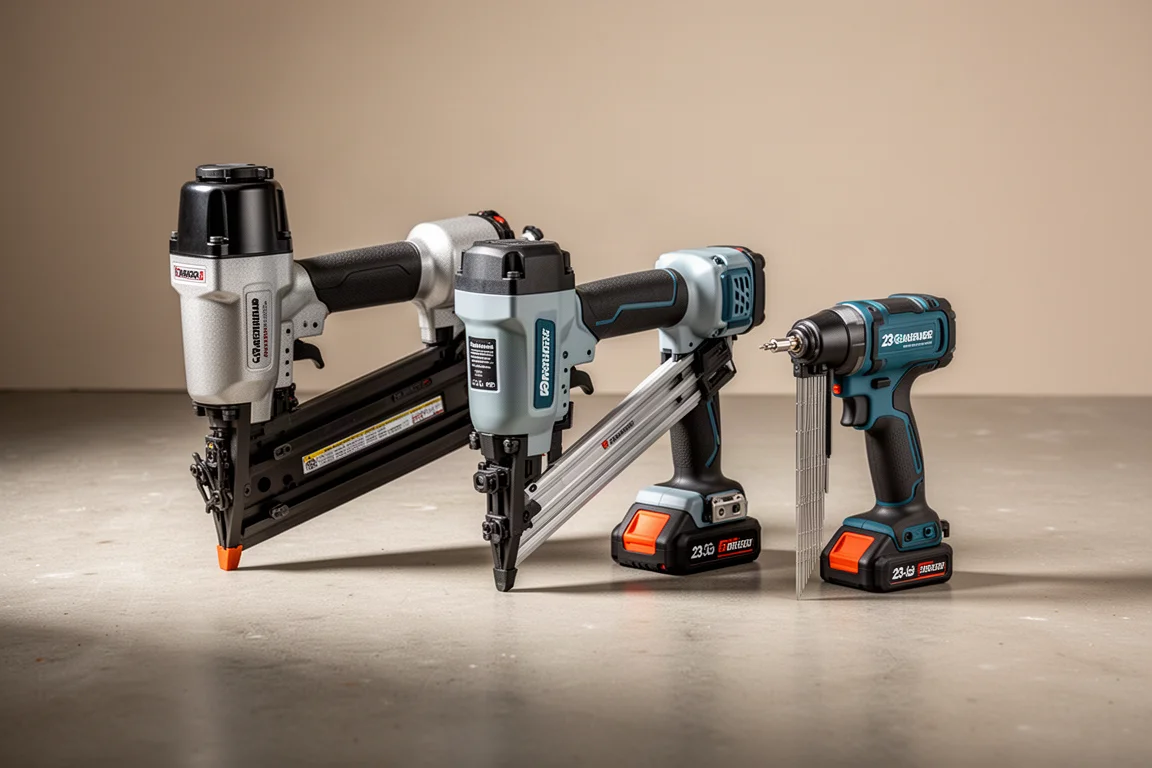 Lineup of framing, finish, and pin nailers on a concrete workshop floor